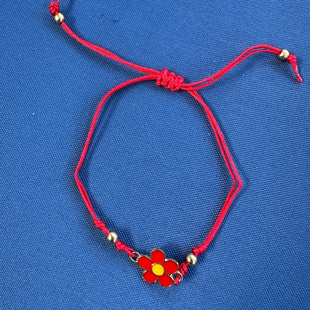 Red Flower Bracelet with Gold Accents Handmade